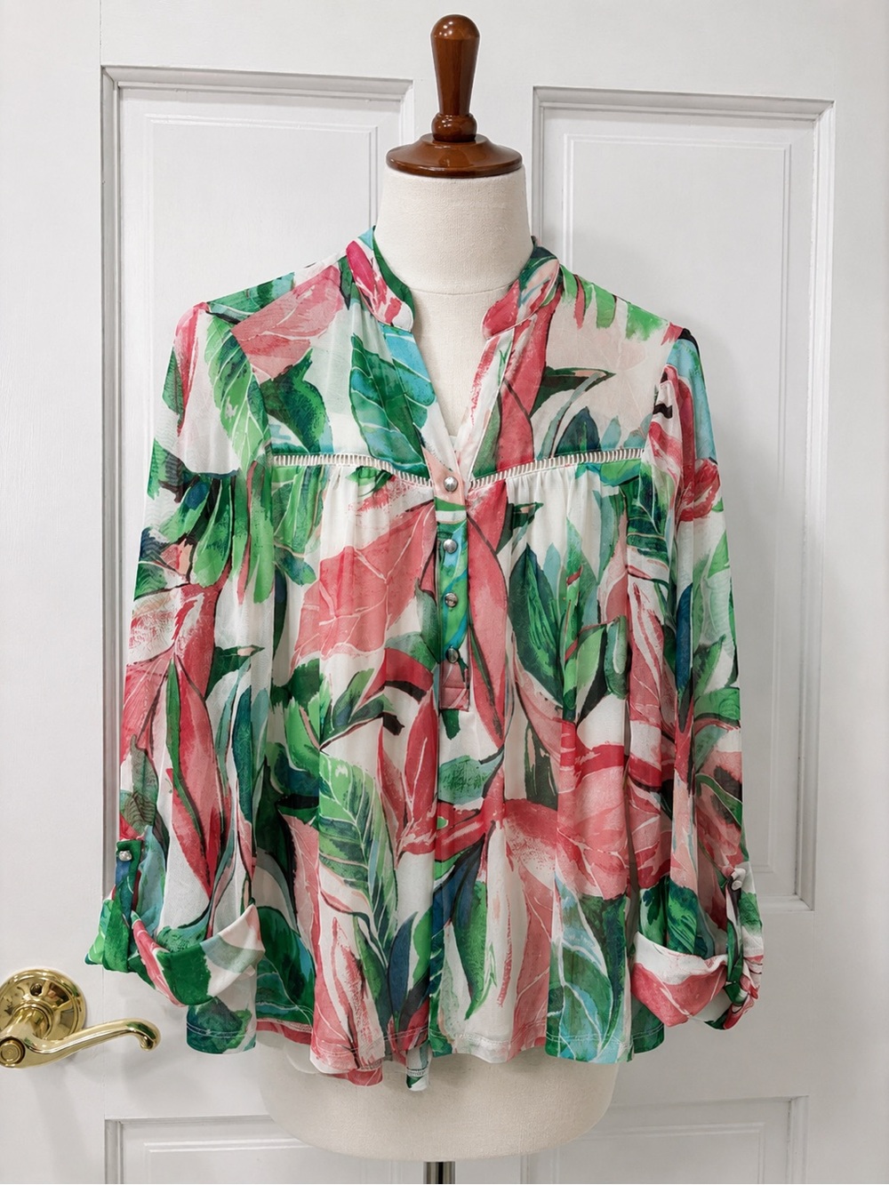 Women's Floral Button-Front Blouse in Coral and Green